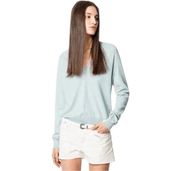 Zadig & Voltaire River Cotton Cashmere V Neck Sweater Color Block Blue XS - Picture 12 of 12